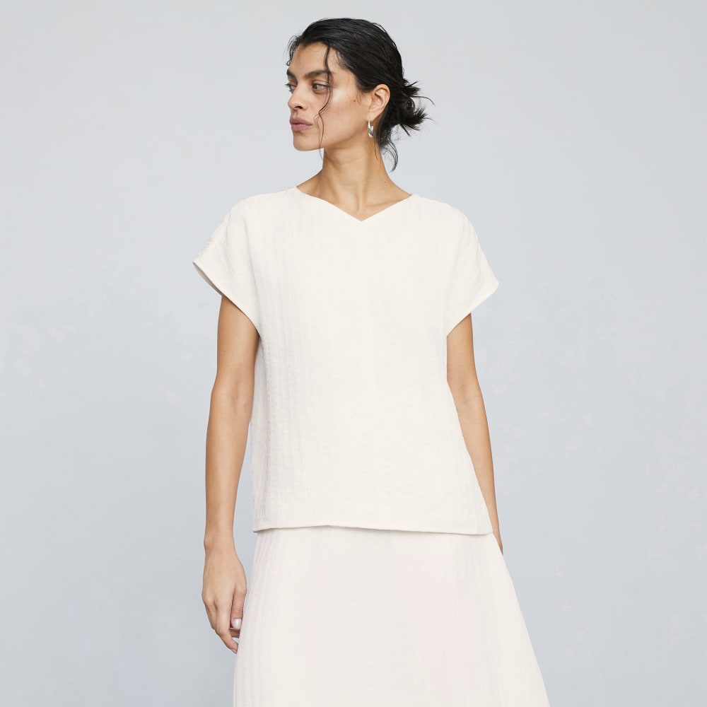 The City Stripe V-Neck Top in Bone — front view