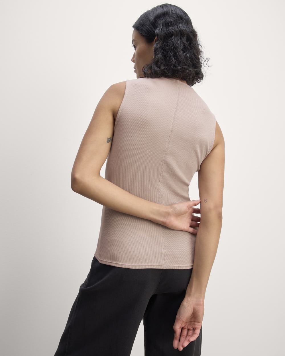 The Luxe Rib Funnel-Neck Tank in Dusty Rose — detail view