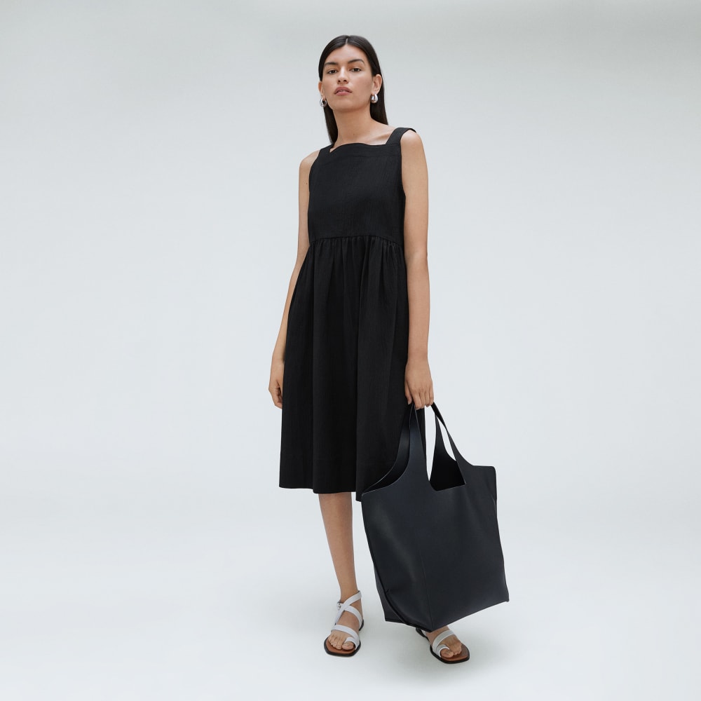 The Seersucker Midi Dress in Black — detail view