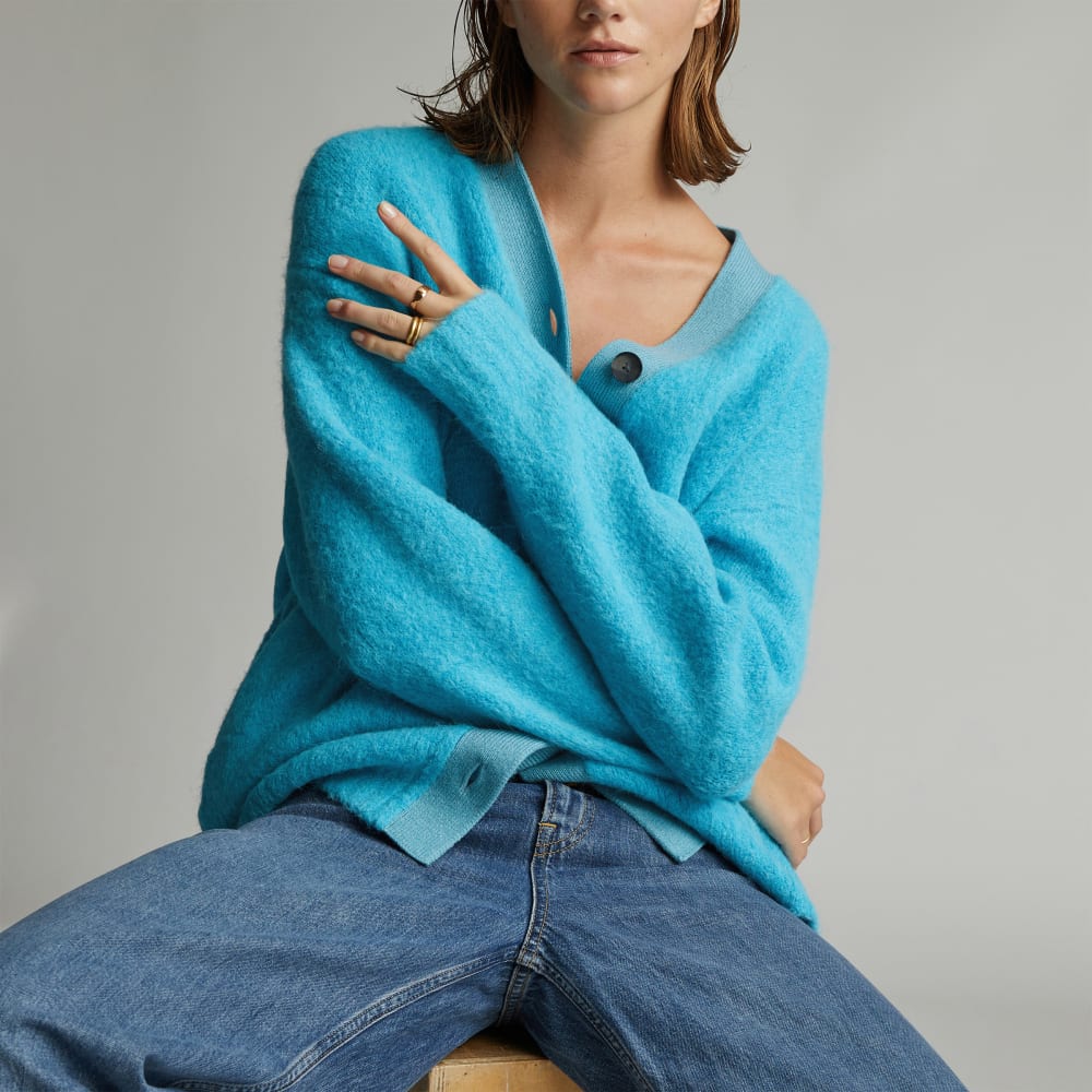 The SuperFuzz Alpaca Oversized Cardigan in Blue Atoll — detail view