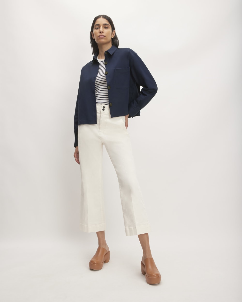 The Structured Cotton Cropped Shirt in Navy — detail view