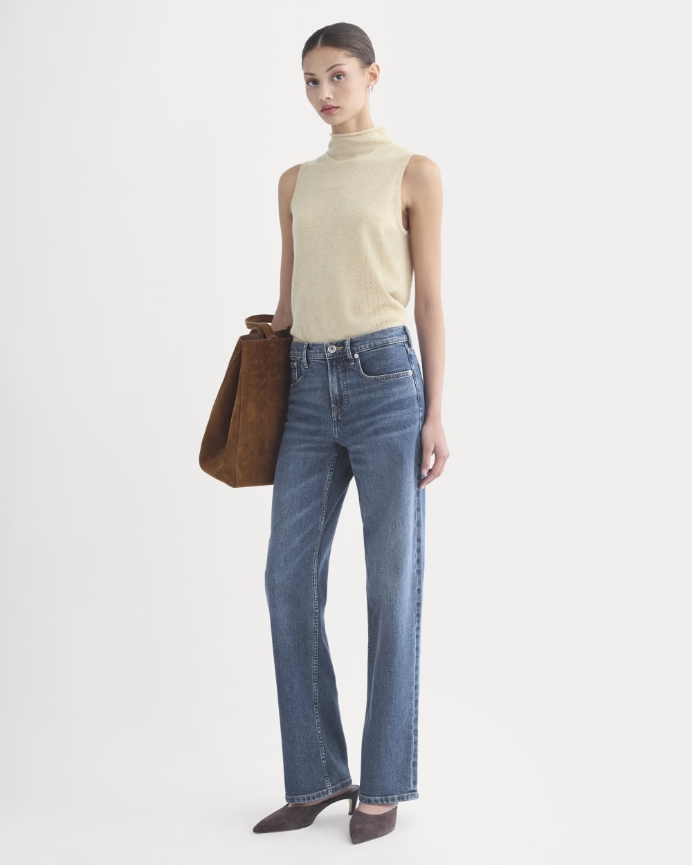 Cashmere Funnel-Neck Tank in Heather Light Camel — detail view