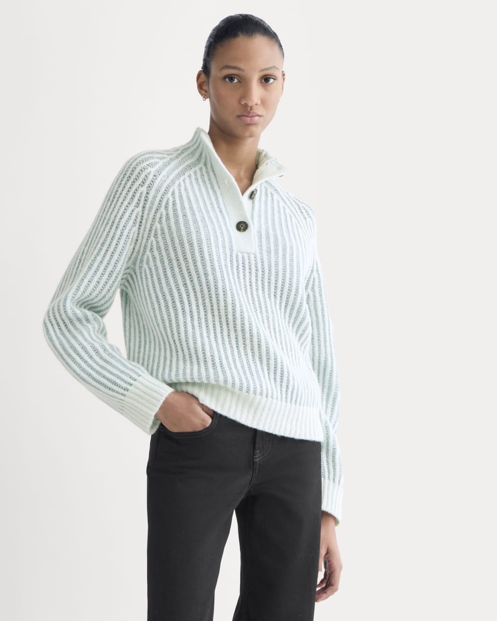 Funnel-Neck Ribbed Henley Sweater in Chalk Blue / Grey Mist Vertical Stripe — front view