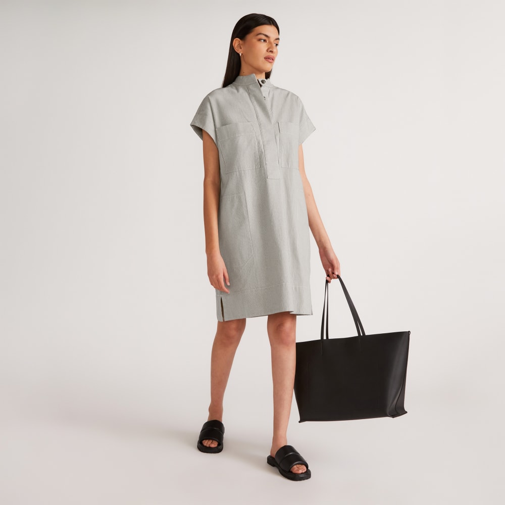The Easy Workwear Dress in Canvas Tan / Navy — front view