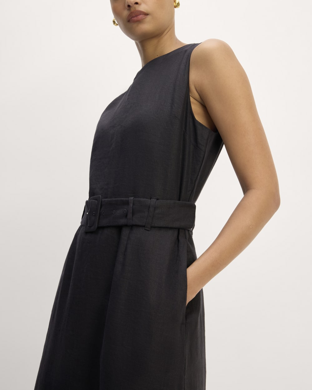 The Linen Belted Midi Dress in Black — detail view