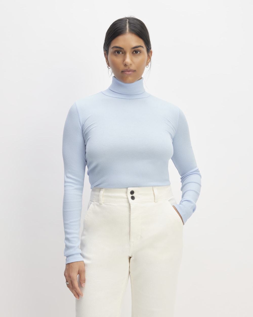 The Luxe Rib Turtleneck in Chambray Blue — front view