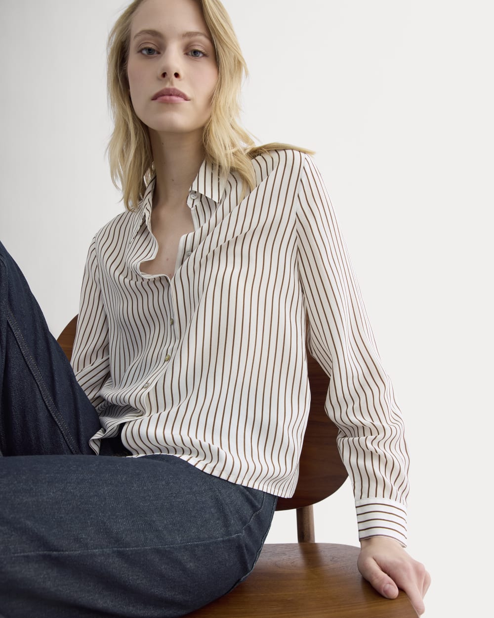 Shrunken Top in Washable Silk in Bone / Toffee Stripe — front view