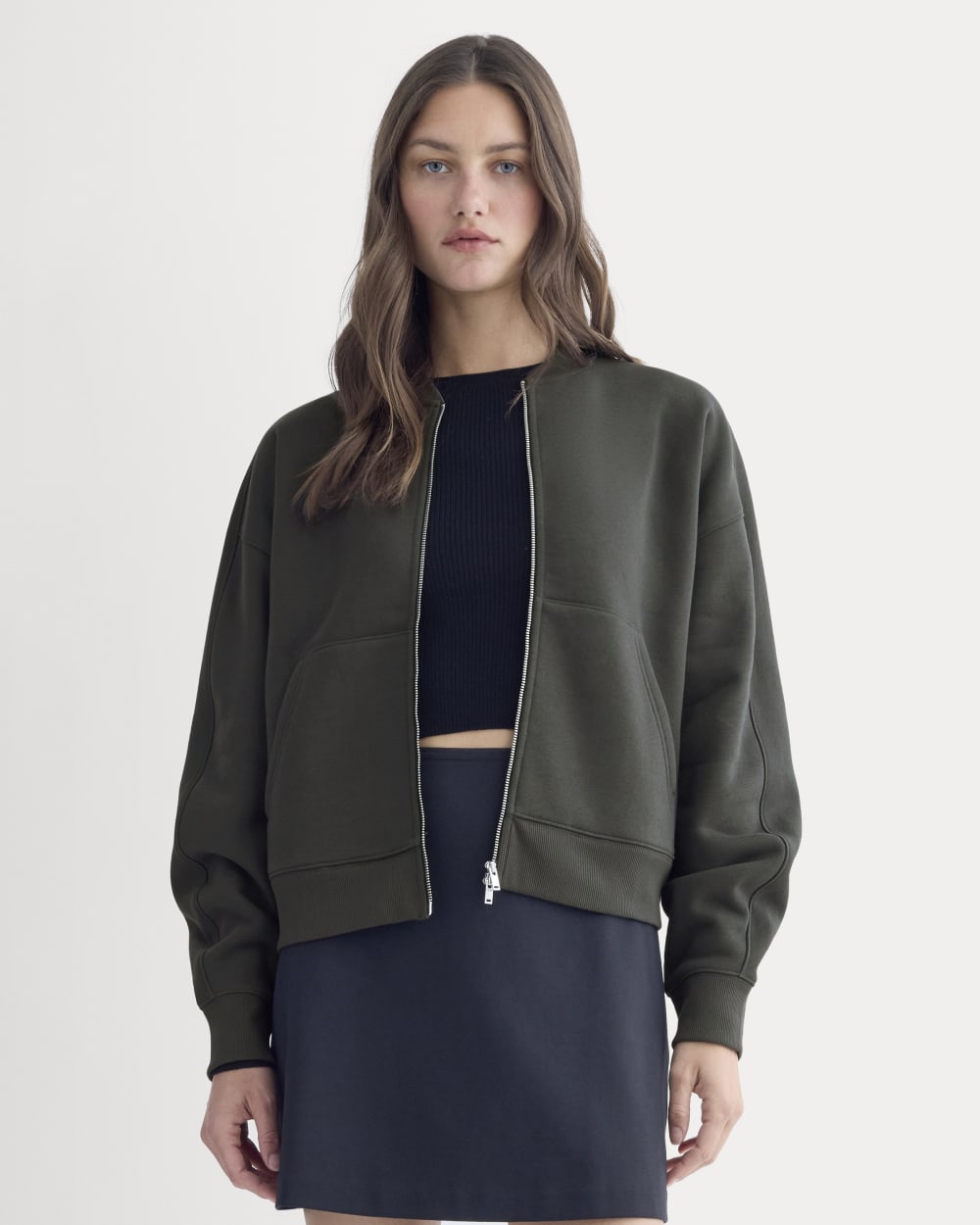 Luxe Fleece Bomber Jacket in Washed Black — front view