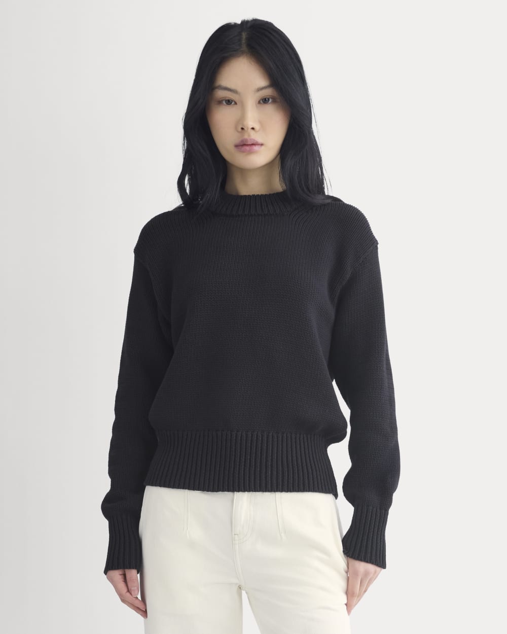 Oversized Cocoon Crew in Elevated Cotton in Black — detail view