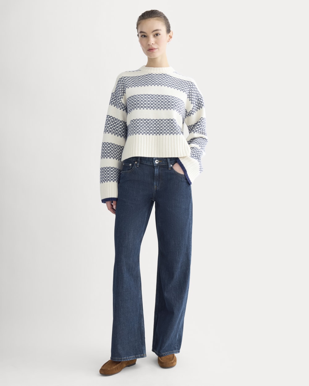 Nordic Cropped Boxy Crew in Luxe Merino in Bone/True Navy — detail view