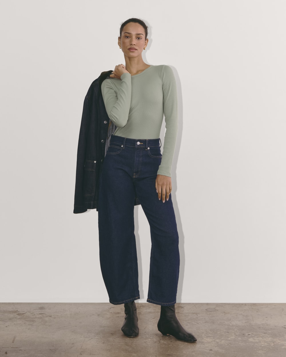 The Luxe Rib Long-Sleeve Crew in Sage Green — detail view