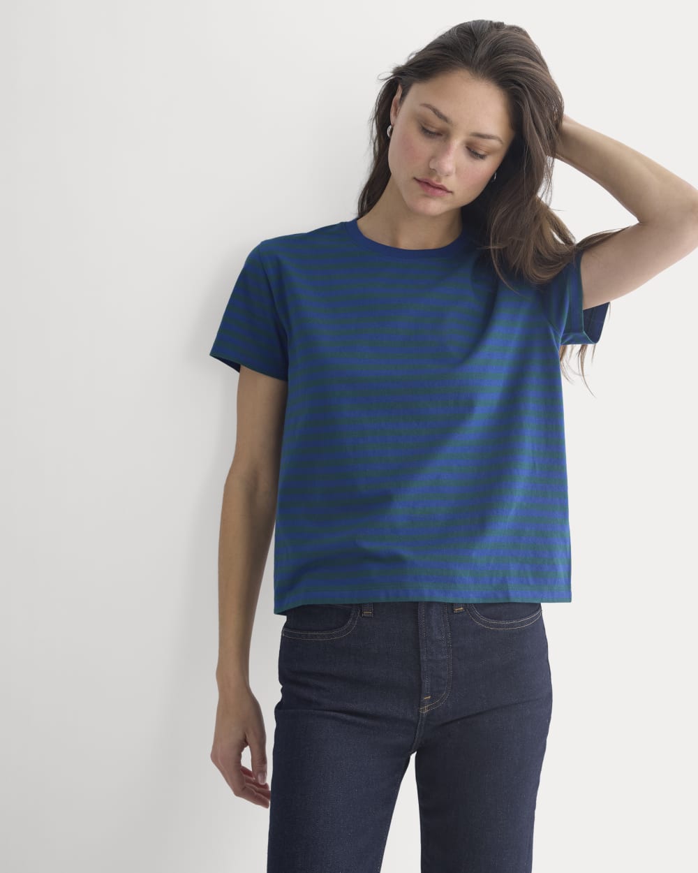 The Box-Cut Tee in Essential Cotton in Navy Peony/Dark Sea — detail view