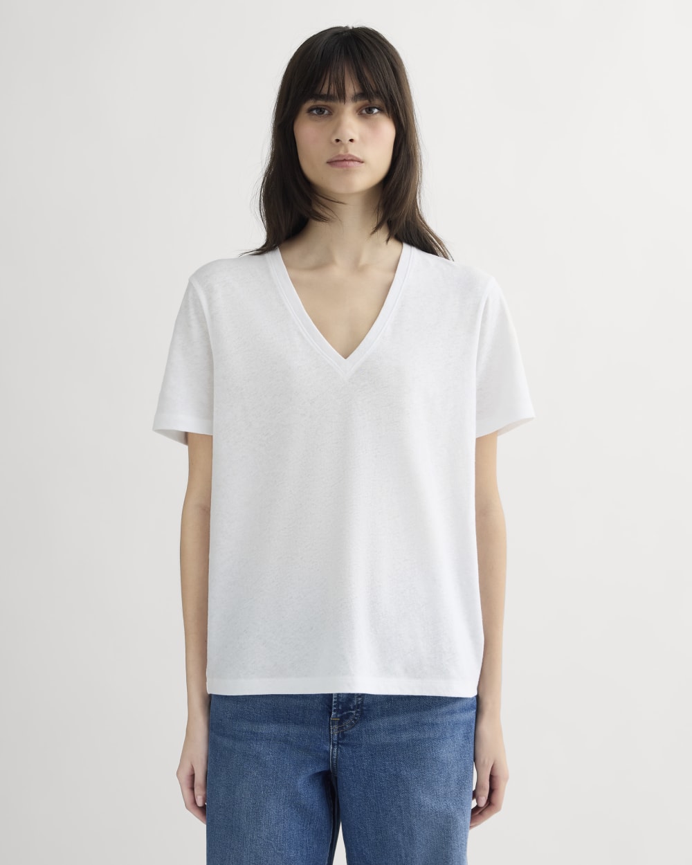 The Slouchy V-Neck Tee in Cotton Linen in White — front view