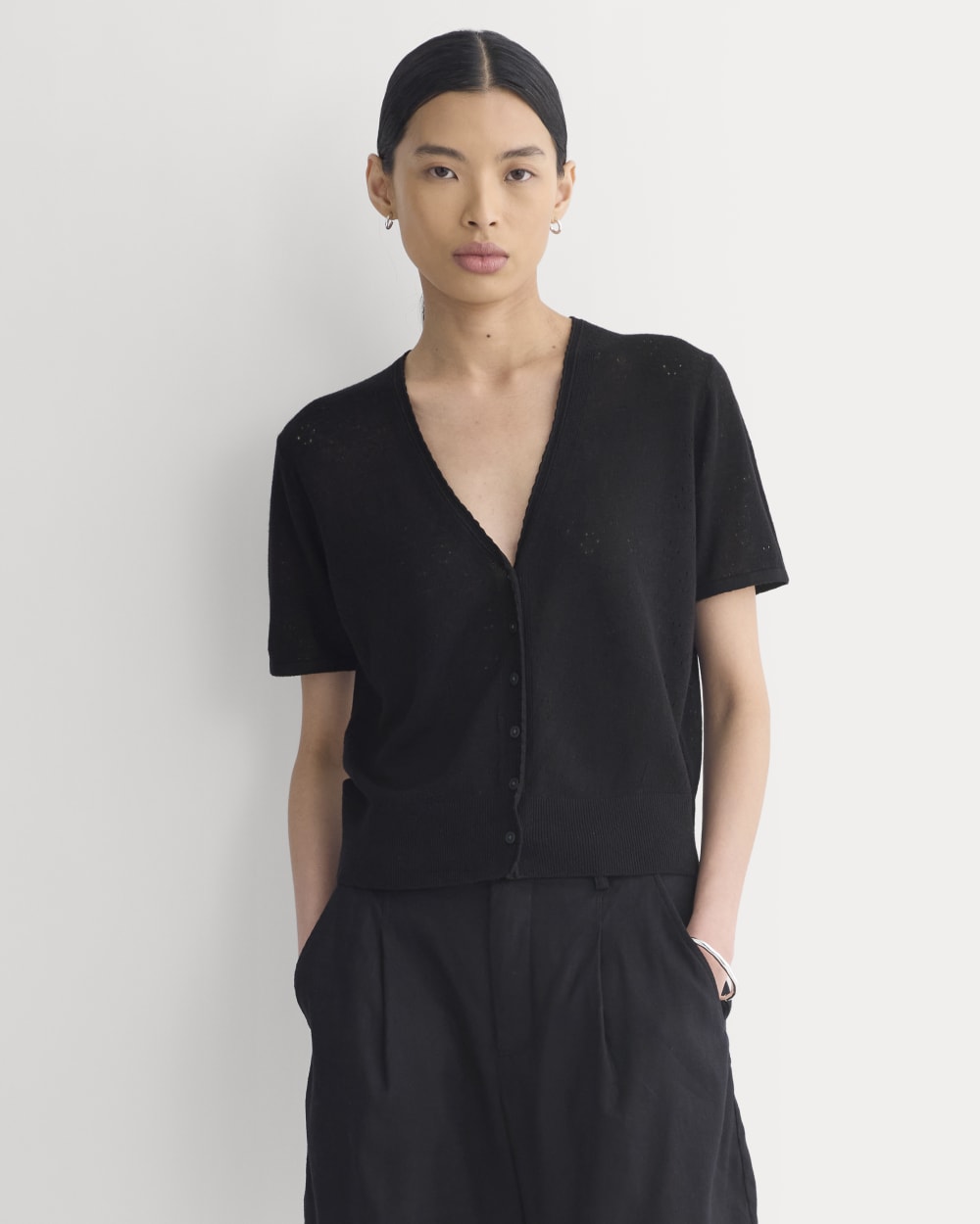 Lace Trim Cardigan in Fine Linen in Black — front view