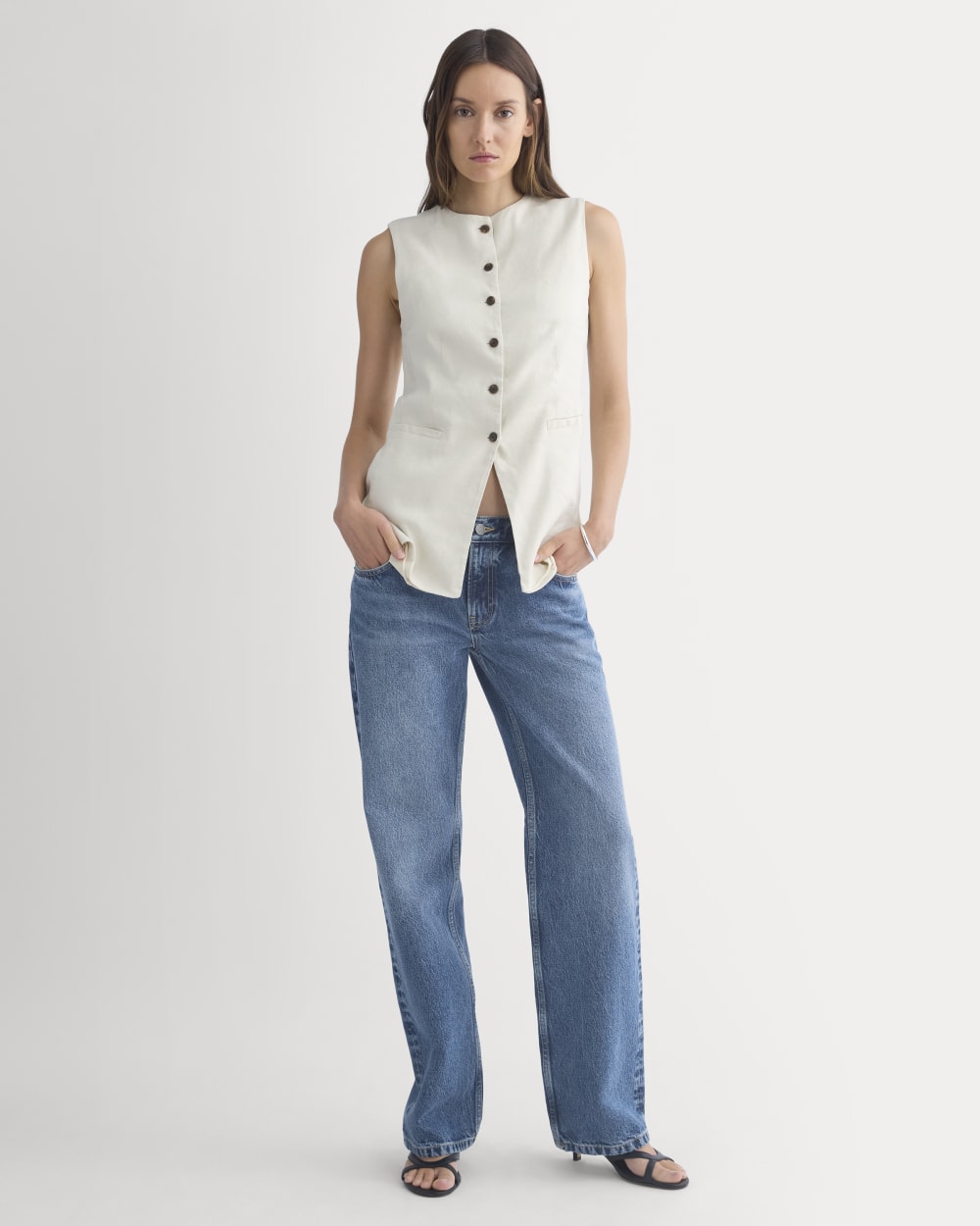 Long Vest in Stretch Linen in Birch — detail view