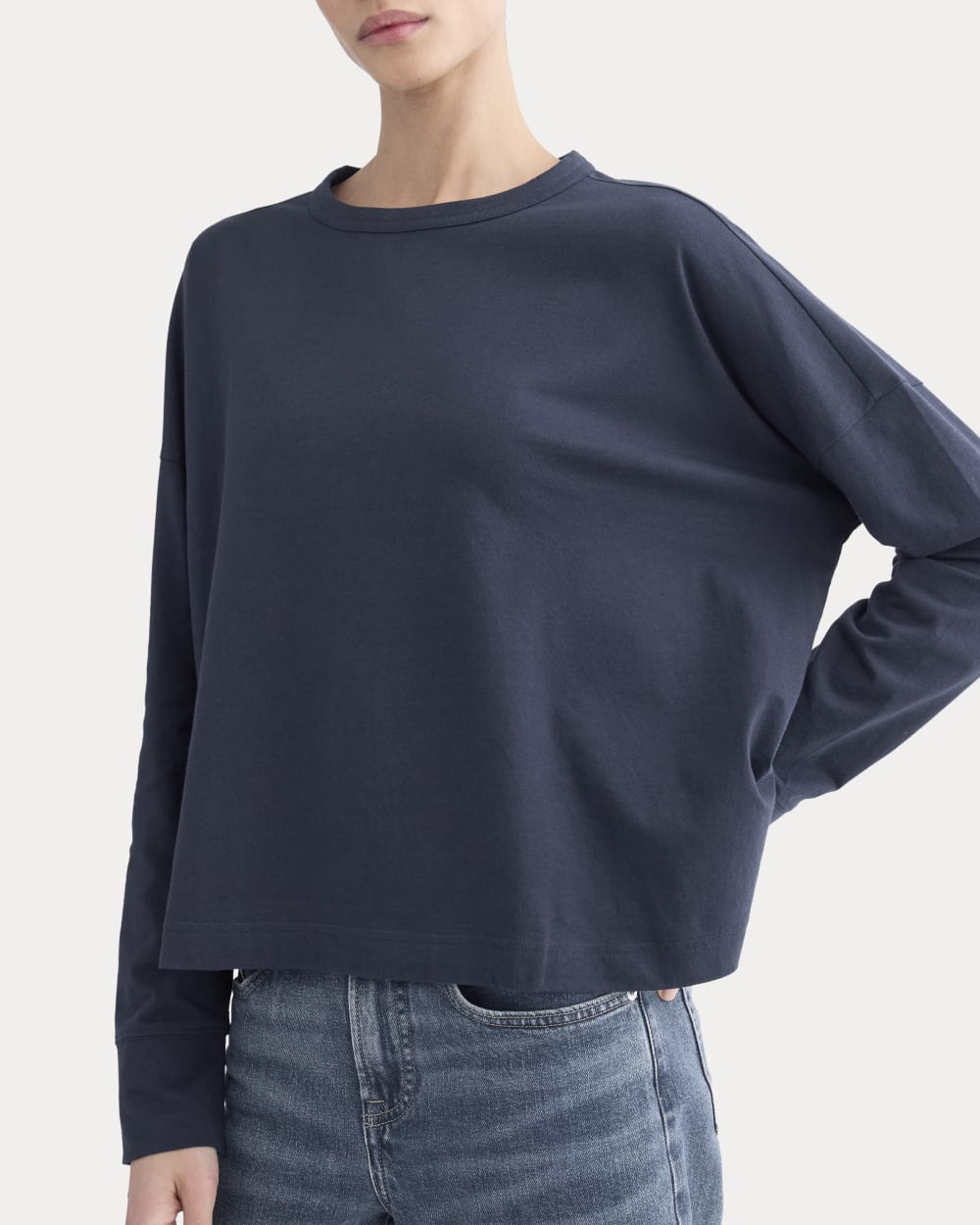 Oversized Boxy Crew in Essential Cotton in Deep Navy — detail view