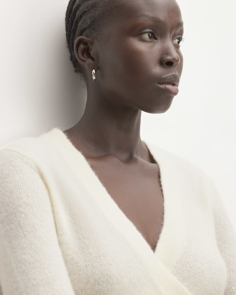 The Alpaca Wrap Sweater in Snow — detail view