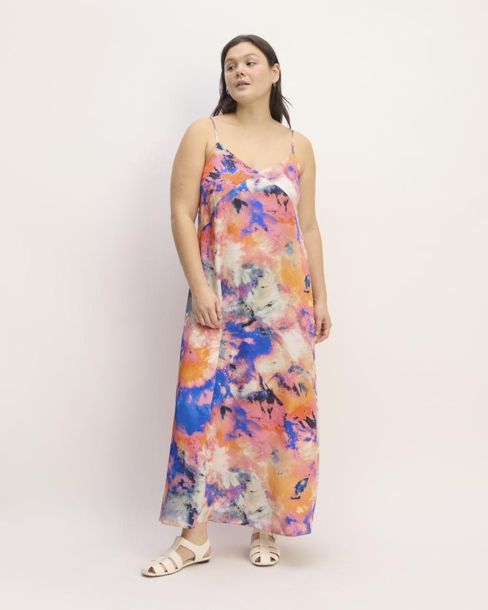 The Everlane x Marques' Almeida Satin Tie-Dye Dress in Multi Tie-Dye — detail view