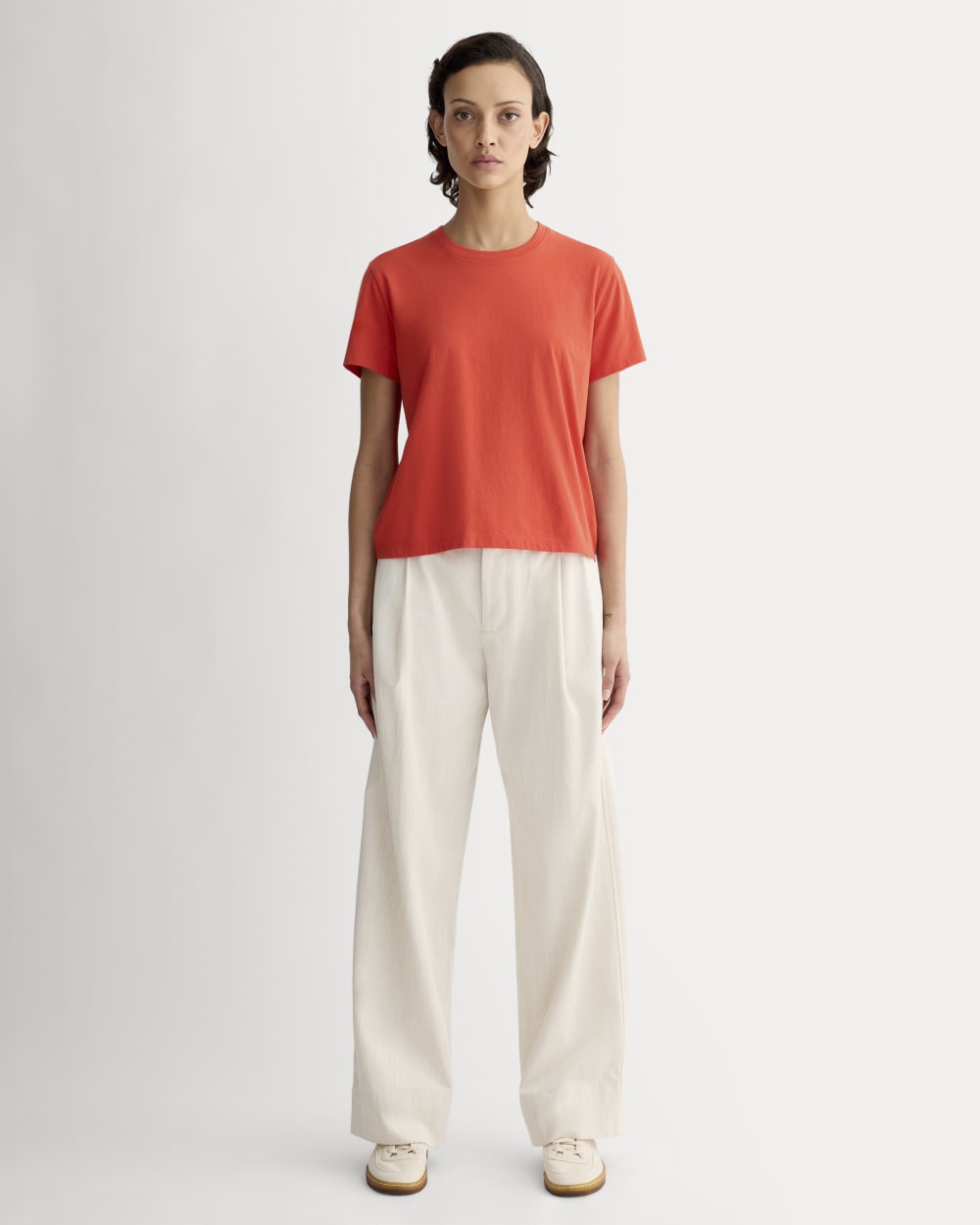 The Box-Cut Tee in Essential Cotton in Poppy Red — detail view
