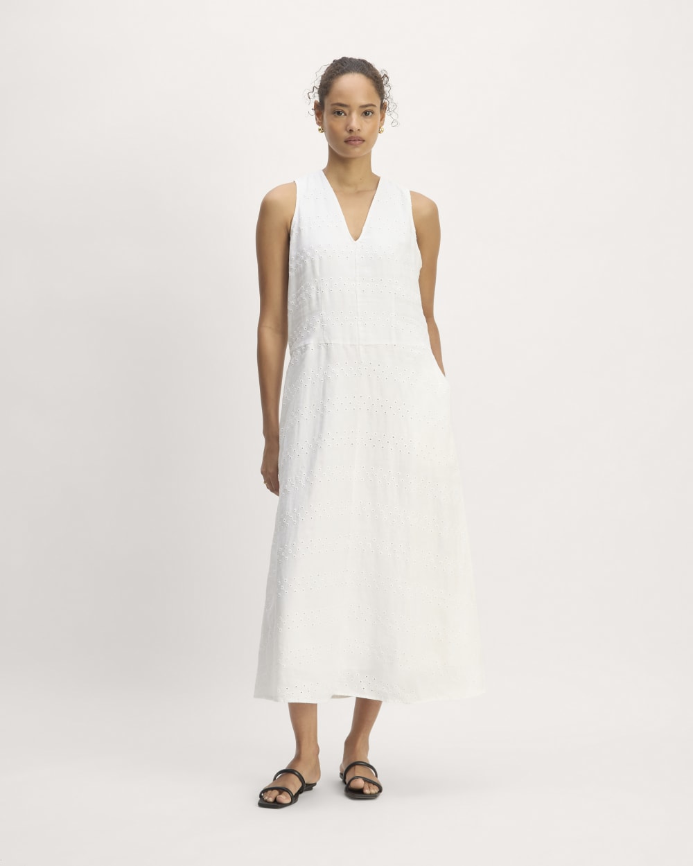 The Linen Eyelet Maxi Dress in White Eyelet — front view