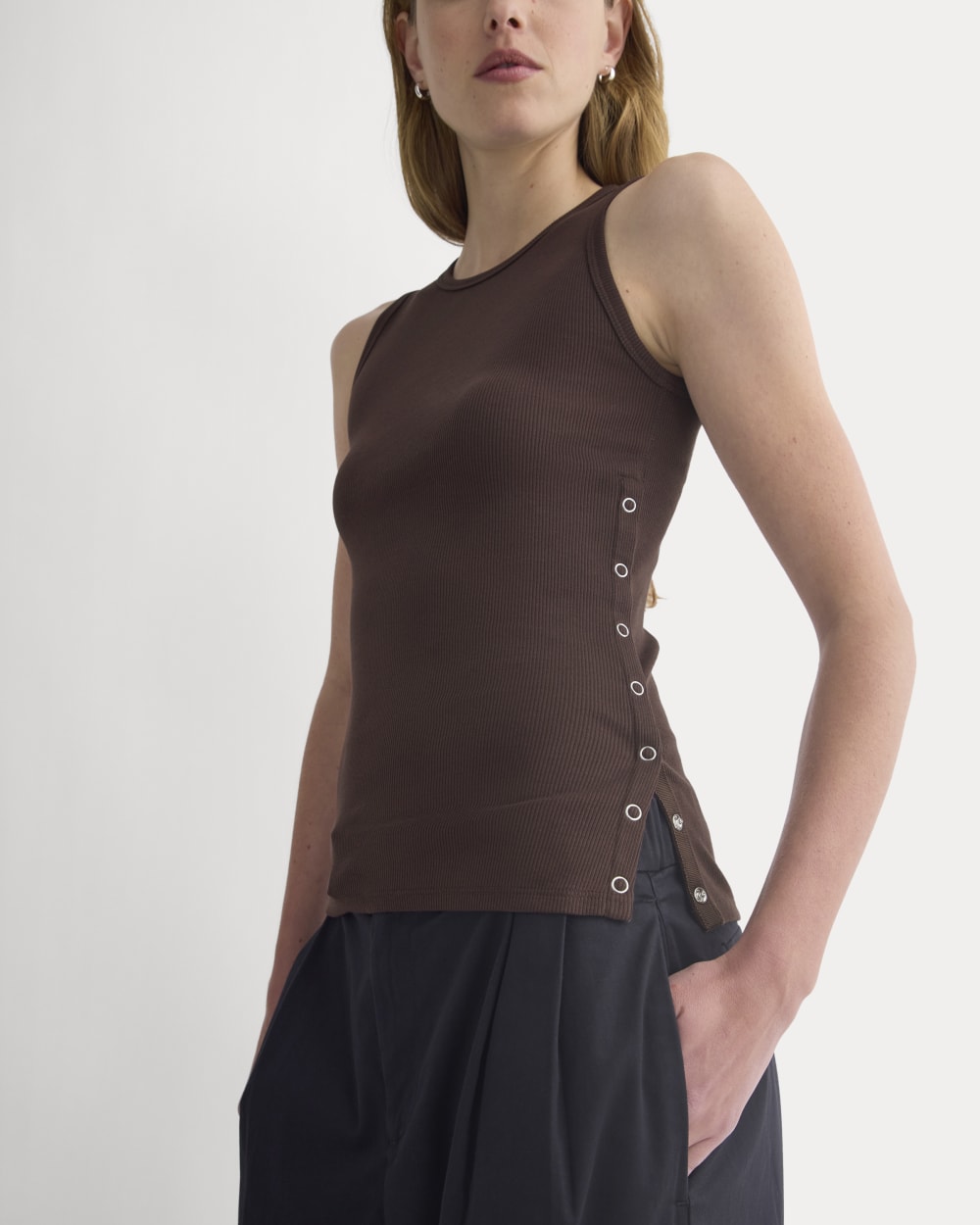 Luxe Rib Side Snap Tank in Coffee Bean — front view