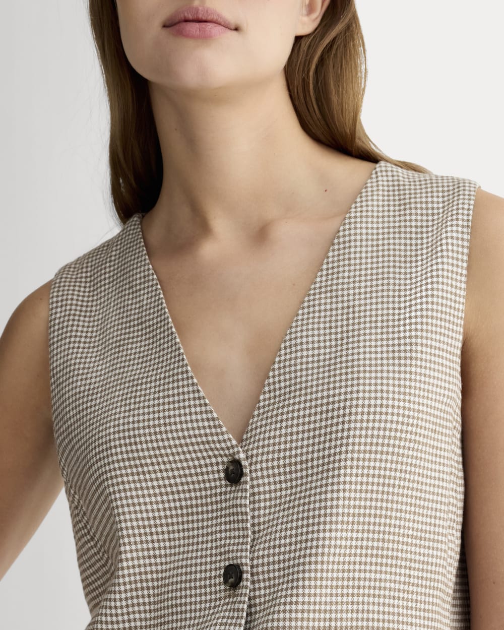 The Vest in Stretch Linen in Deep Taupe Mini Gingham — detail view