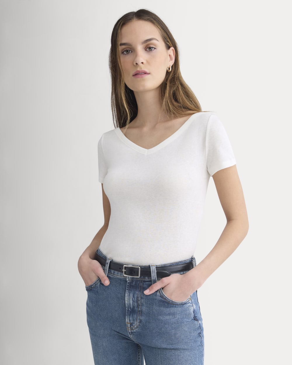 Tissue Short-Sleeve V-Neck Top in Bone — front view