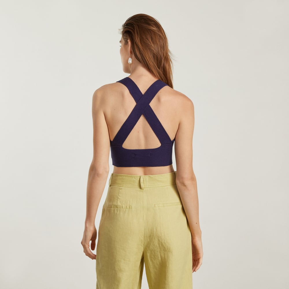 The Cross-Back Cropped Sweater Top in Midnight Blue — detail view
