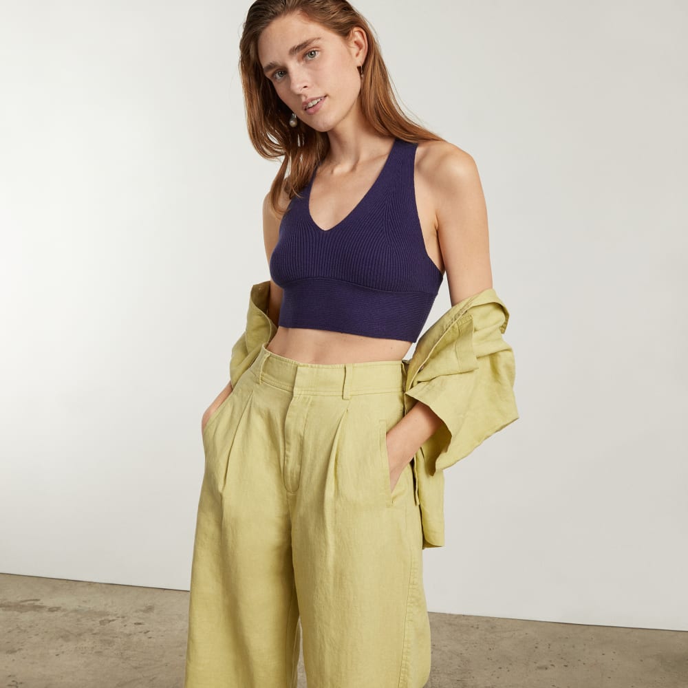 The Cross-Back Cropped Sweater Top in Midnight Blue — detail view