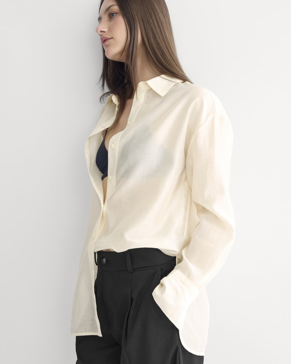 Oversized Shirt in Cotton-Silk Organza in Parchment — detail view