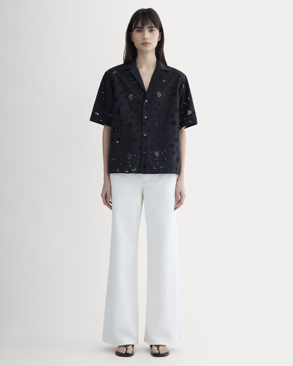 The Eyelet Camp Shirt in Black — detail view