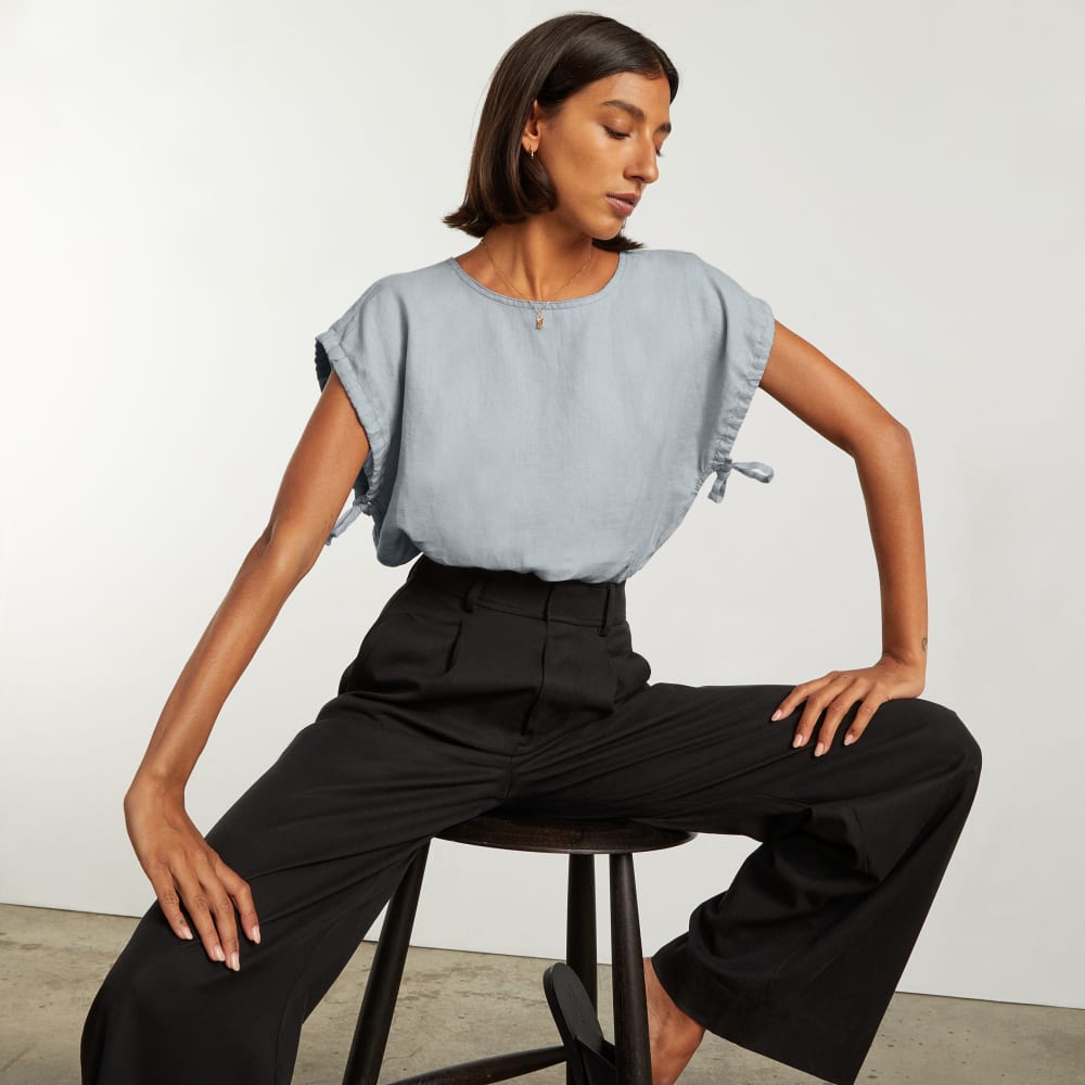 The Drawstring Tunic in Sky — detail view