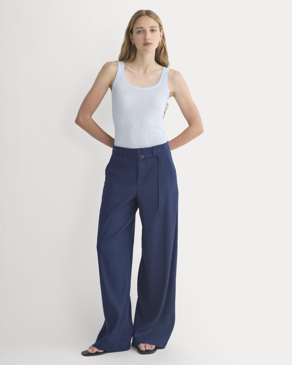 Lace-Trimmed Tank in Fine Linen in Skywriting — detail view