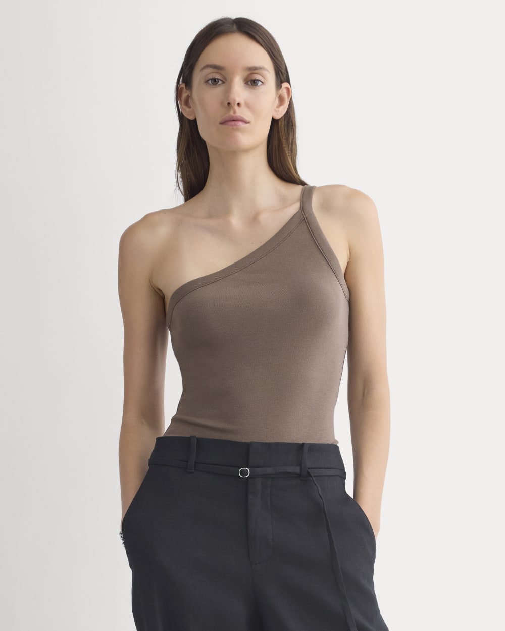 RetroSoft Cotton One-Shoulder Tank in Deep Taupe — front view