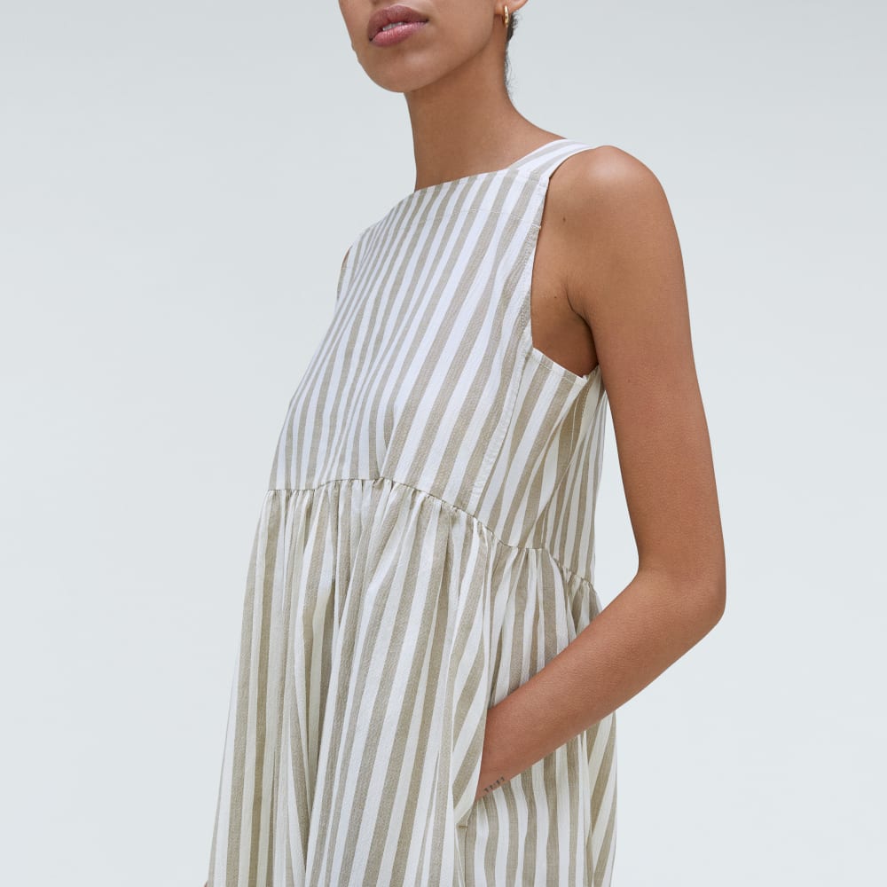 The Seersucker Midi Dress in Nutria / Off-White — detail view