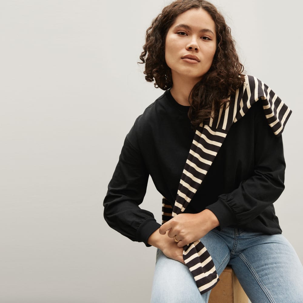 The Organic Cotton Long-Sleeve Tee in Black — detail view