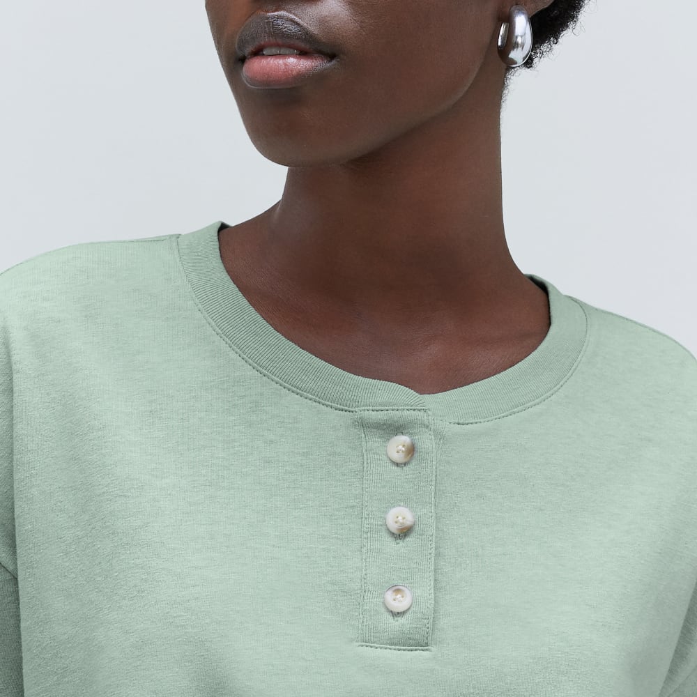 The Vintage Henley Hemp Tee in White Sage — detail view