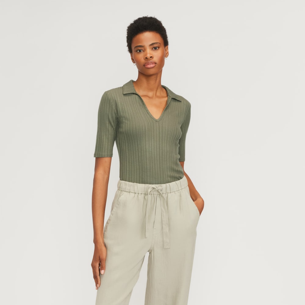 The Rib Soft Knit Open Collar Polo in Kalamata — front view