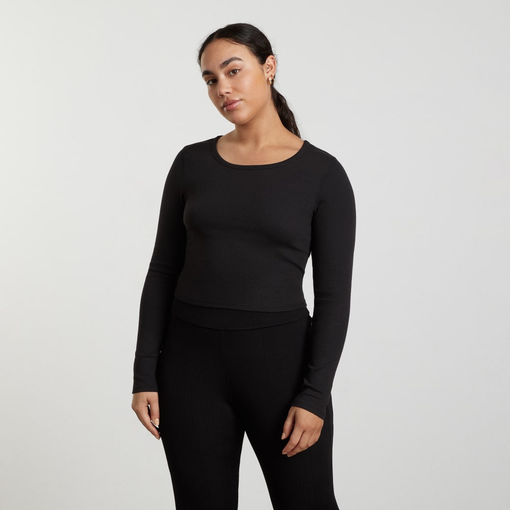 The Pima Micro-Rib Cropped Long-Sleeve Crew in Black — front view
