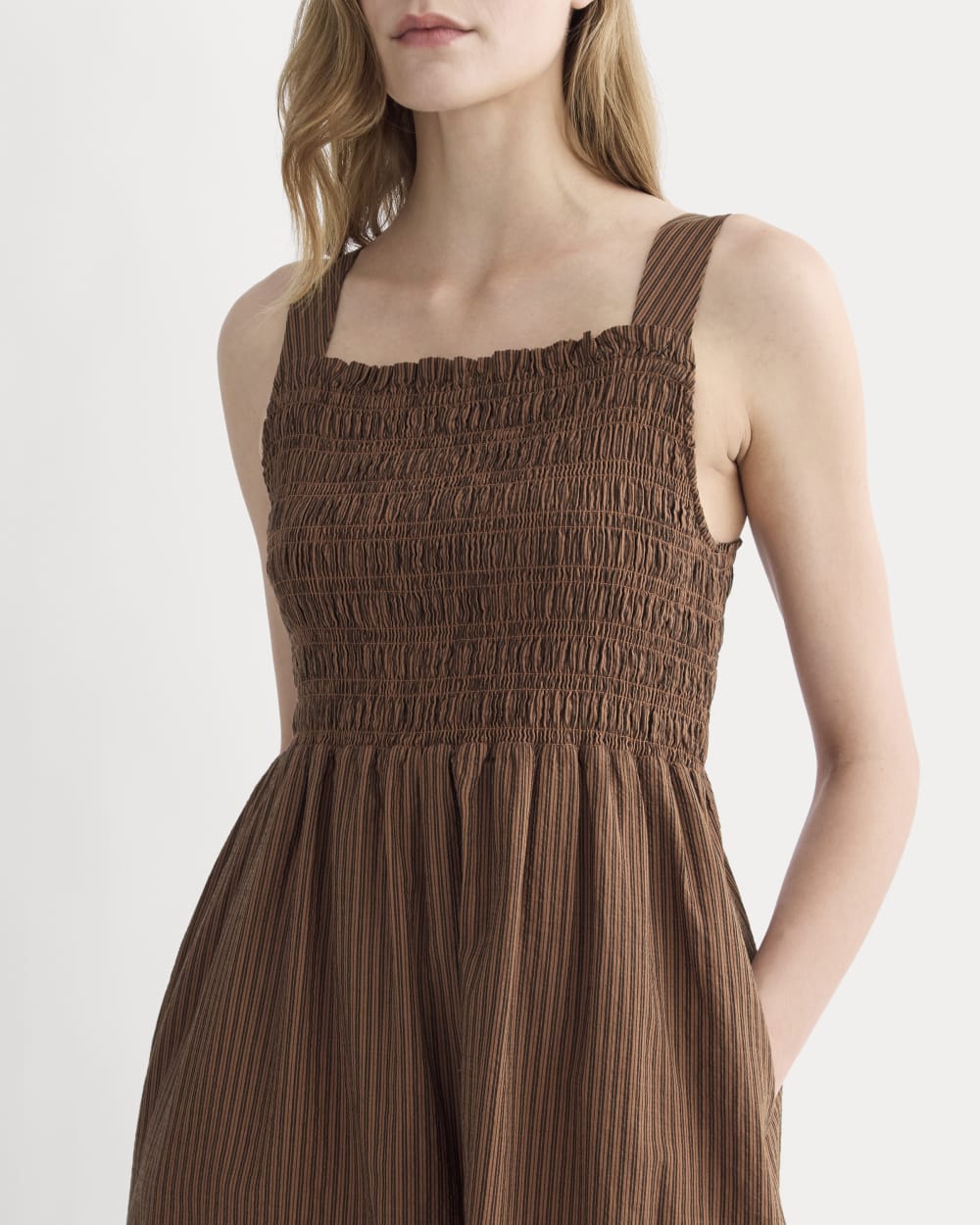 The Gauze Smock Dress in Carob Brown / Black — detail view