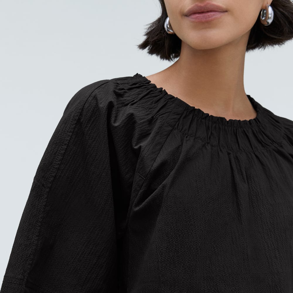 The Seersucker Gathered Tee in Black — detail view