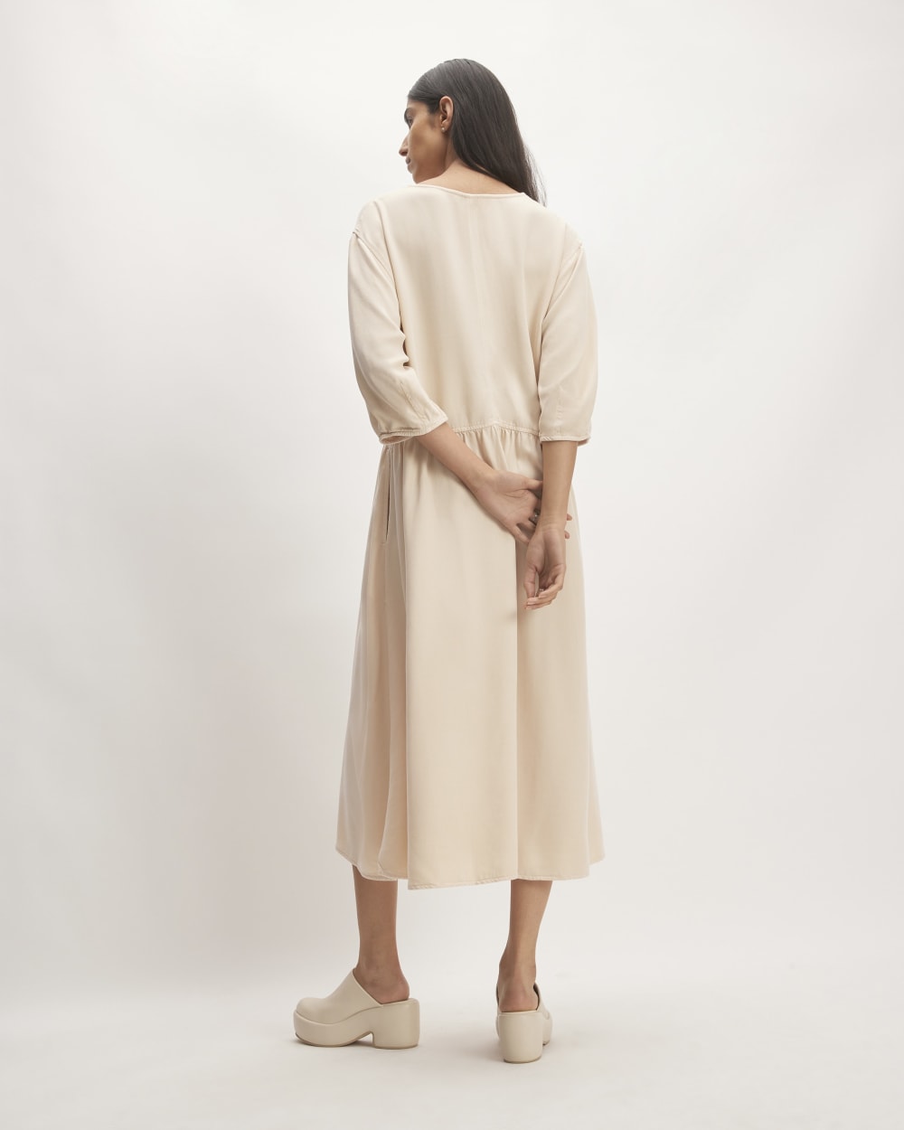 The TENCEL™ Puff-Sleeve Dress in Whisper Pink — detail view