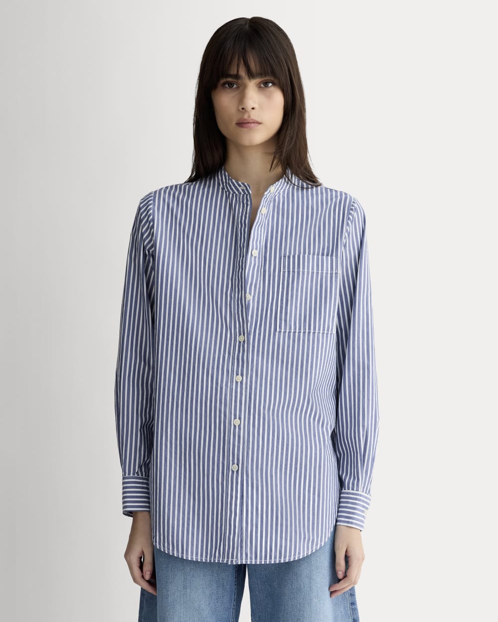 The Oversized Shirt in Ultrasoft Cotton in Bone / Mazarine Blue — front view
