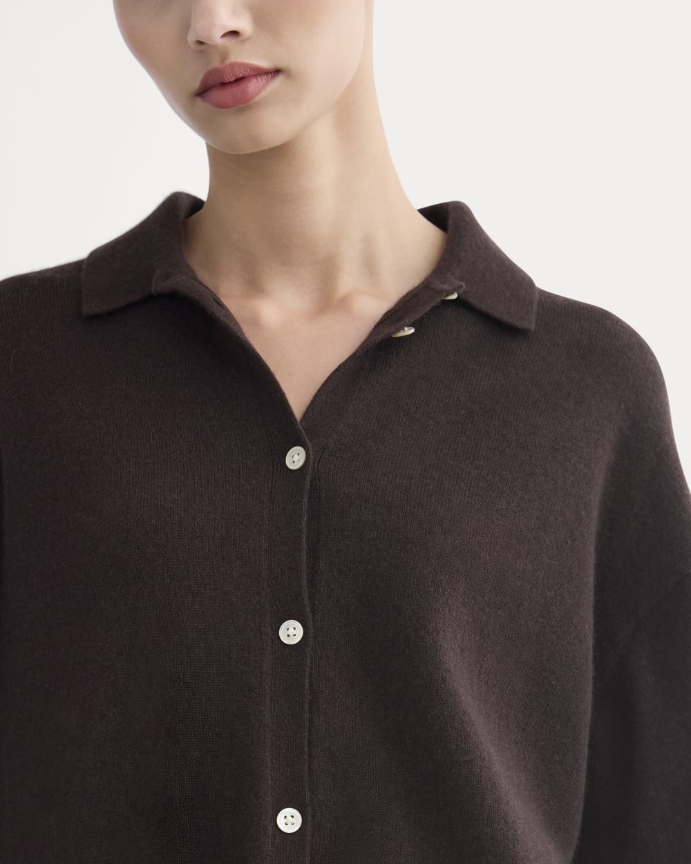 Cashmere Button-Up Shirt in Dark Chocolate — detail view