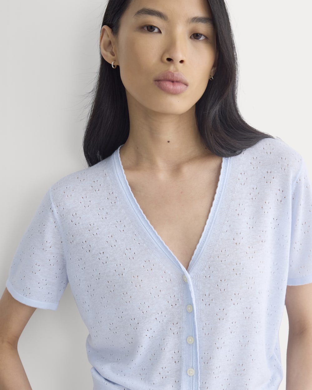 Lace Trim Cardigan in Fine Linen in Skywriting — detail view