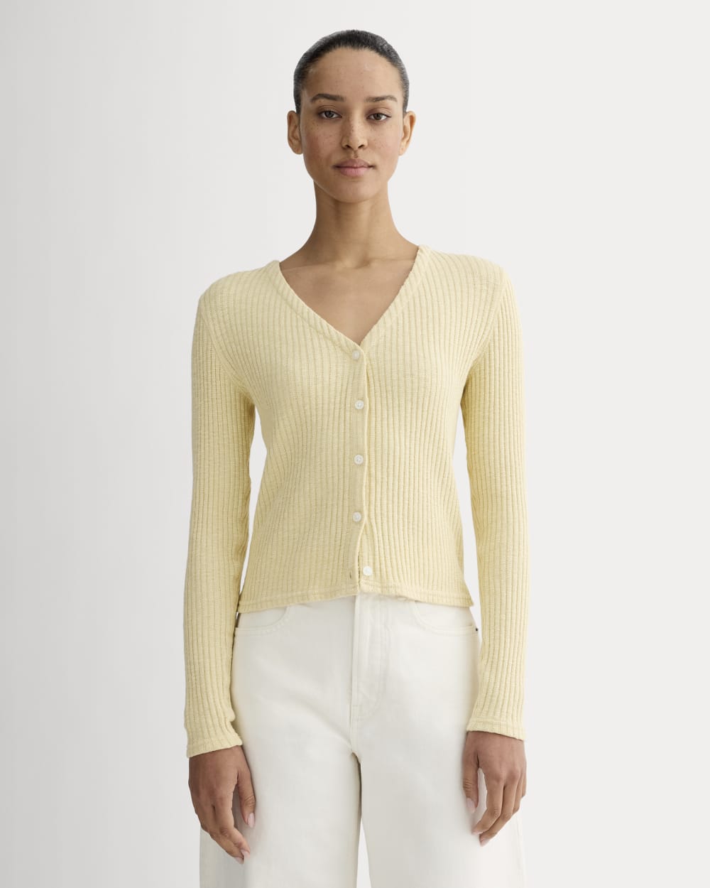 The Cozy Rib Cardigan in Banana Crepe — front view