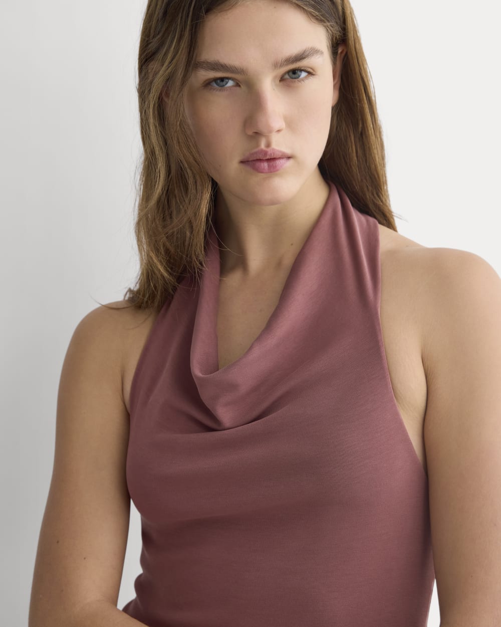 Cowlneck Halter Dress in Butterknit in Washed Henna — detail view