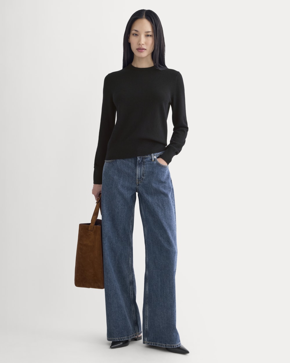 Cashmere Slim Crew Sweater in Black — front view