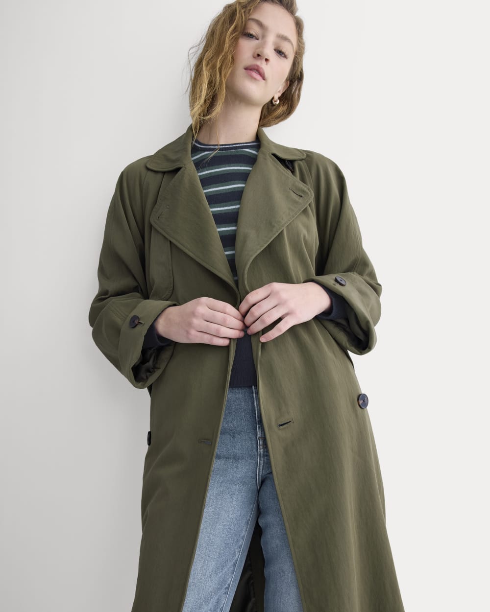 Drapey Twill Trench in Olive Night — detail view