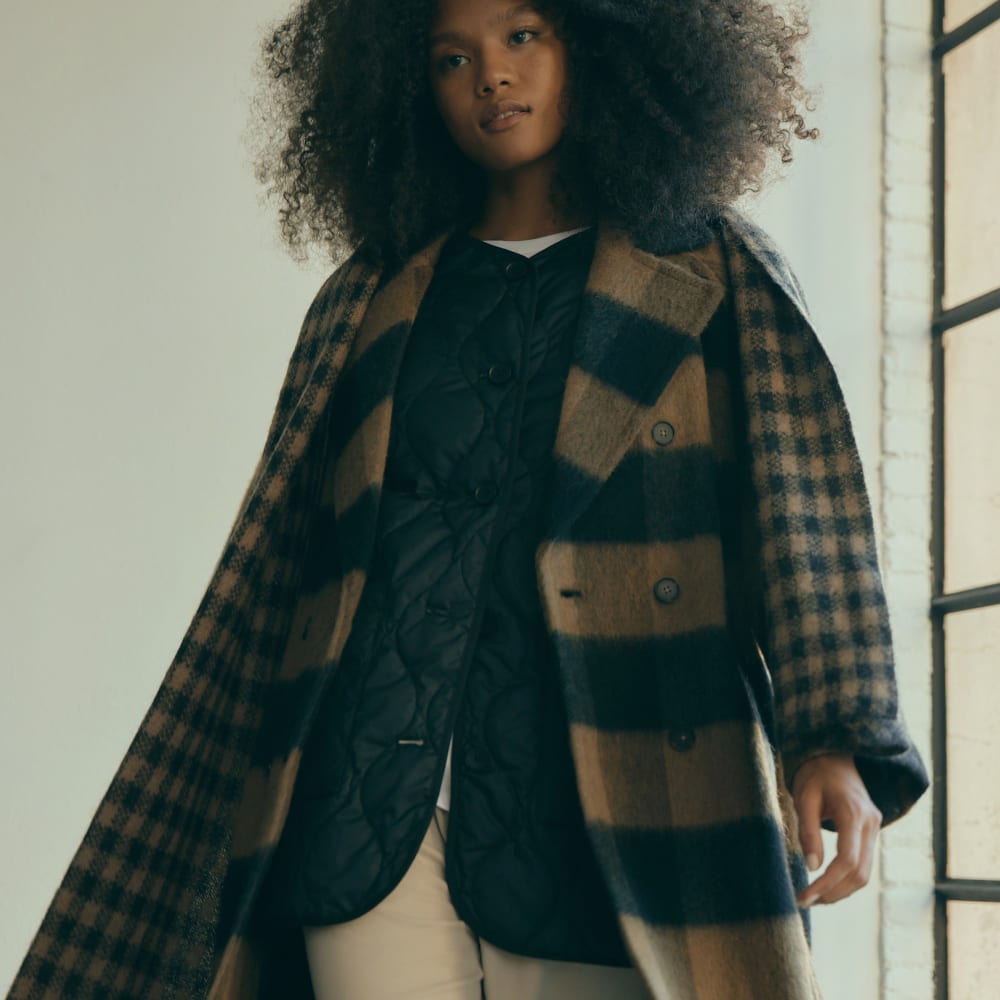 The Brushed Italian ReWool® Peacoat in Camel Buffalo Check — detail view